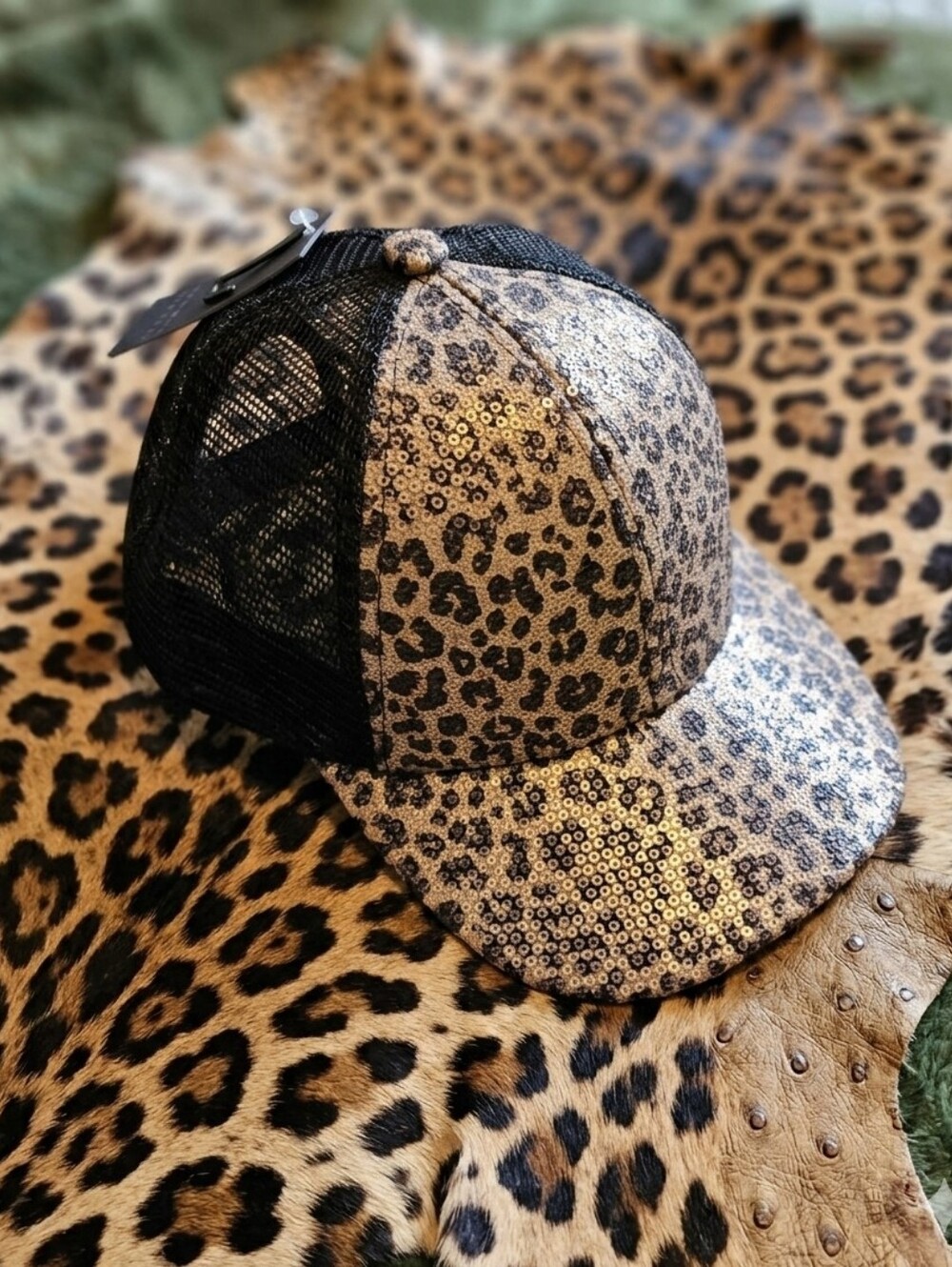 Leopard Sequin Trucker Cap Black Leopard BNWT